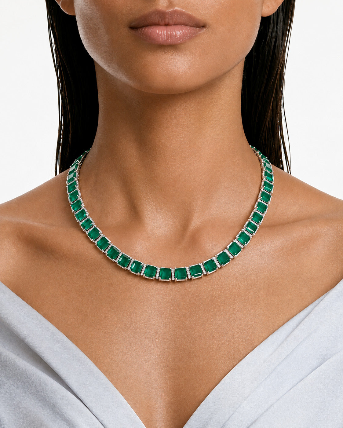 Riviera Emerald & Zircon Diamond Single Line Tennis Necklace Set (Necklace & Earrings)