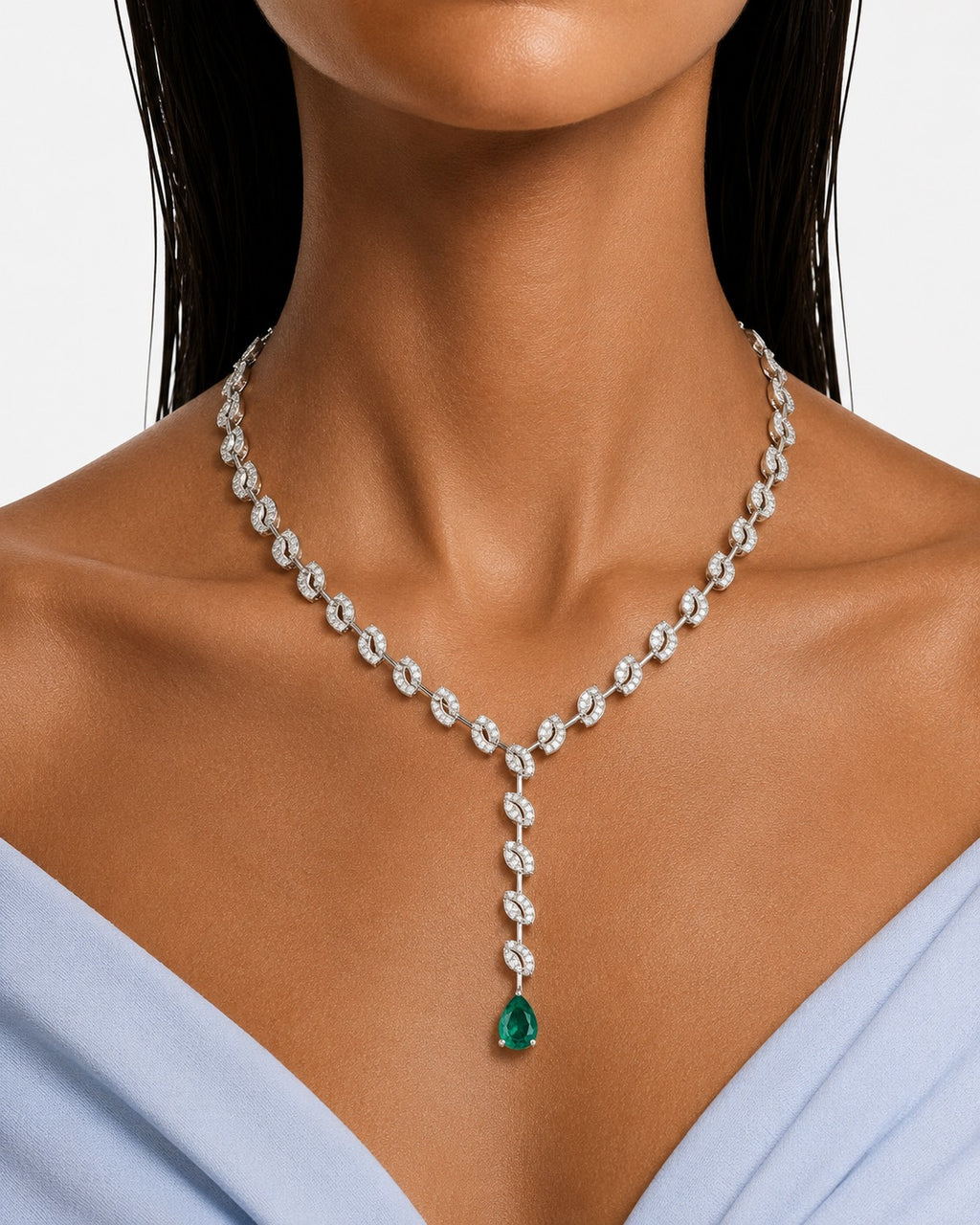 The Evora Emerald Drops & Diamond-Like Zircon Statement  Necklace Set (Necklace & Earrings)
