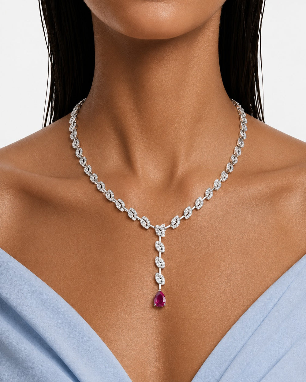 The Evora Ruby Drops & Diamond-Like Zircon Statement Necklace Set (Necklace & Earrings)