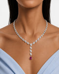 The Evora Ruby Drops & Diamond-Like Zircon Statement Necklace Set (Necklace & Earrings)