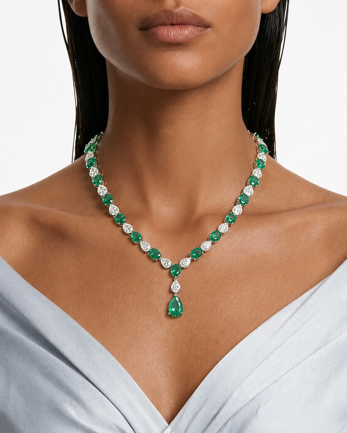 Samira Pear Drop Emerald and Diamond-Like Zircon Statement Necklace Set (Necklace & Earrings)