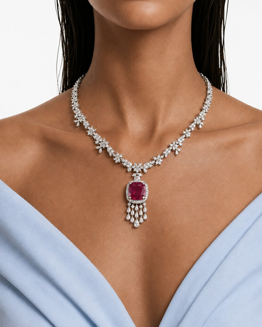 Regalia Ruby Square Diamond-Like Zircon Statement Pendant Necklace Set (Necklace & Earrings)