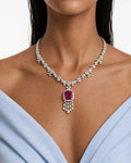 Regalia Ruby Square Diamond-Like Zircon Statement Pendant Necklace Set (Necklace & Earrings)