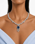 Regalia Sapphire Square Diamond-Like Zircon Statement Pendant Necklace Set (Necklace & Earrings)