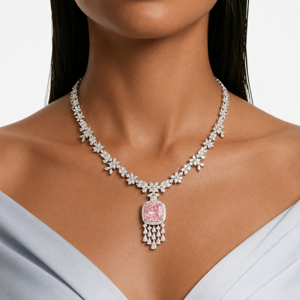 Regalia Pink Square Diamond-Like Zircon Statement Pendant Necklace Set (Necklace & Earrings)