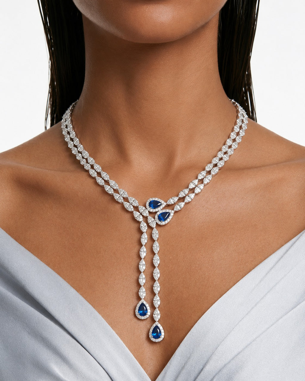 Roselle Drop Necklace Sapphire and Diamond-Like Zircon Statement Necklace Set (Necklace & Earrings)
