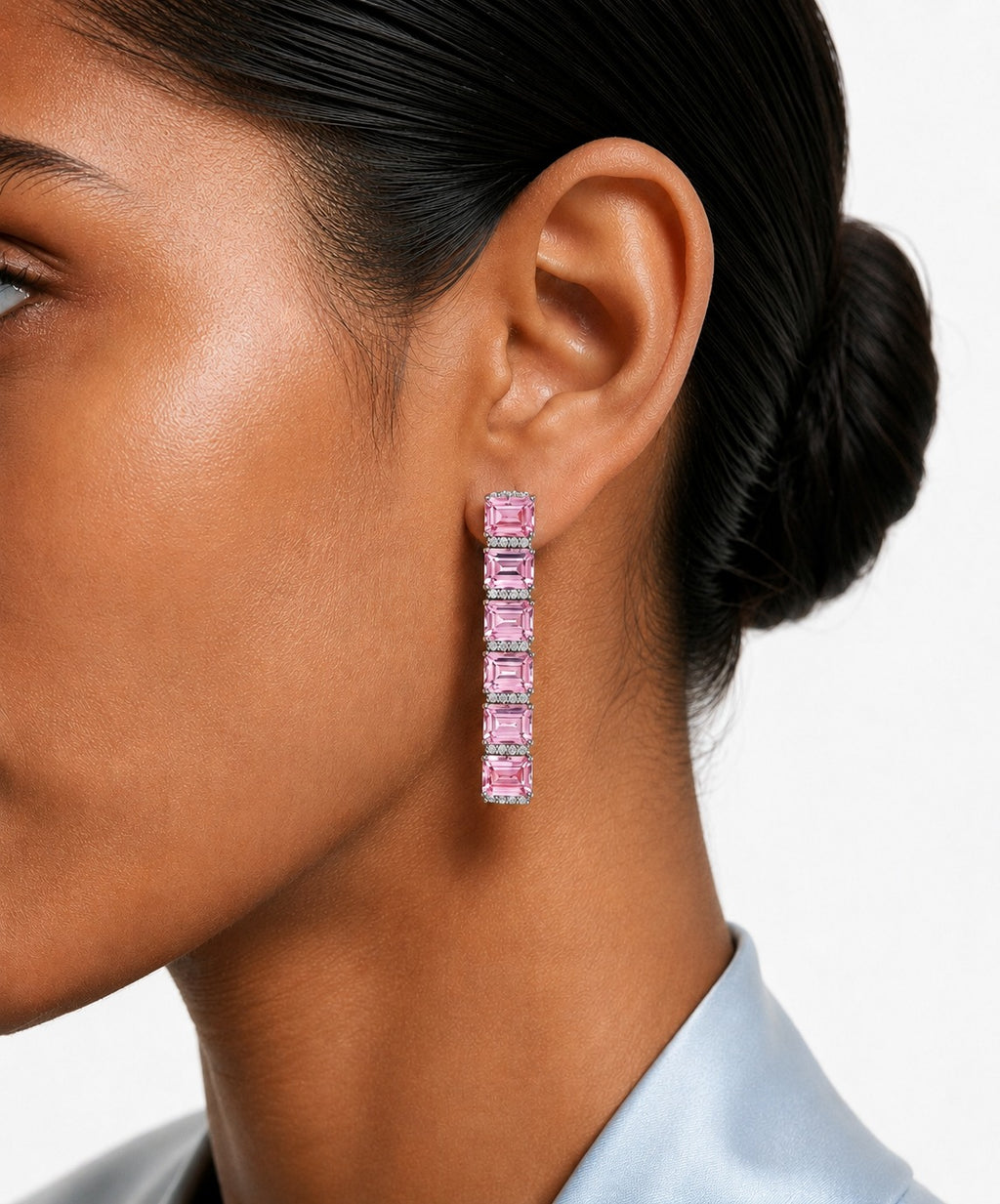 Riviera Pink & Zircon Diamond Single Line Tennis Necklace Set (Necklace & Earrings)