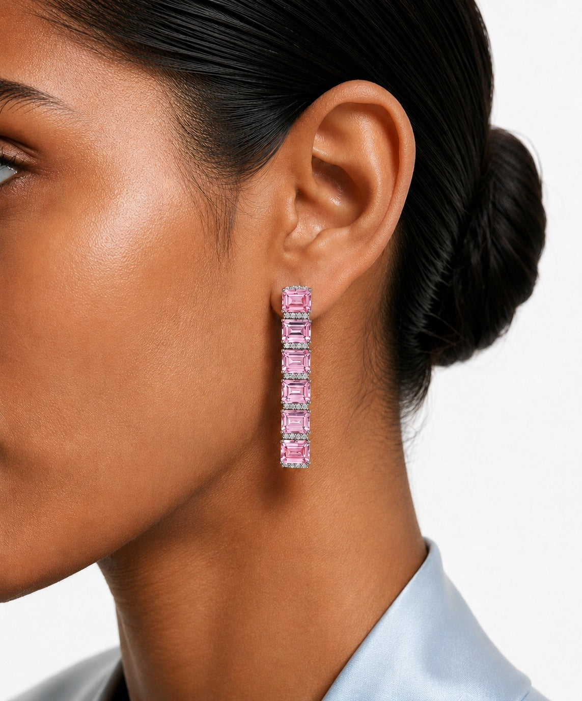 Maharani Fiorella Pink Diamond-Like Zircon Statement Pendant Necklace Set & Riviera Pink & Zircon Diamond Single Line Tennis Necklace Set (2 Necklace & 2 Earrings)