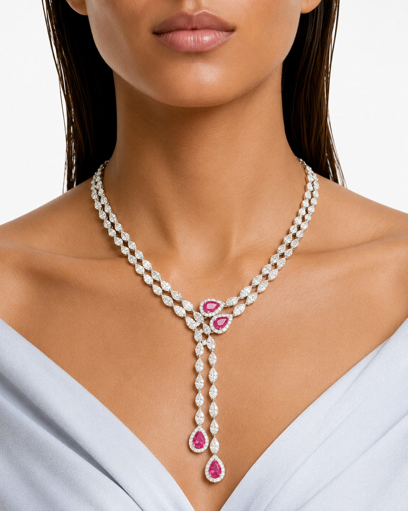 Roselle Drop Necklace Ruby and Diamond-Like Zircon Statement Necklace Set (Necklace & Earrings)