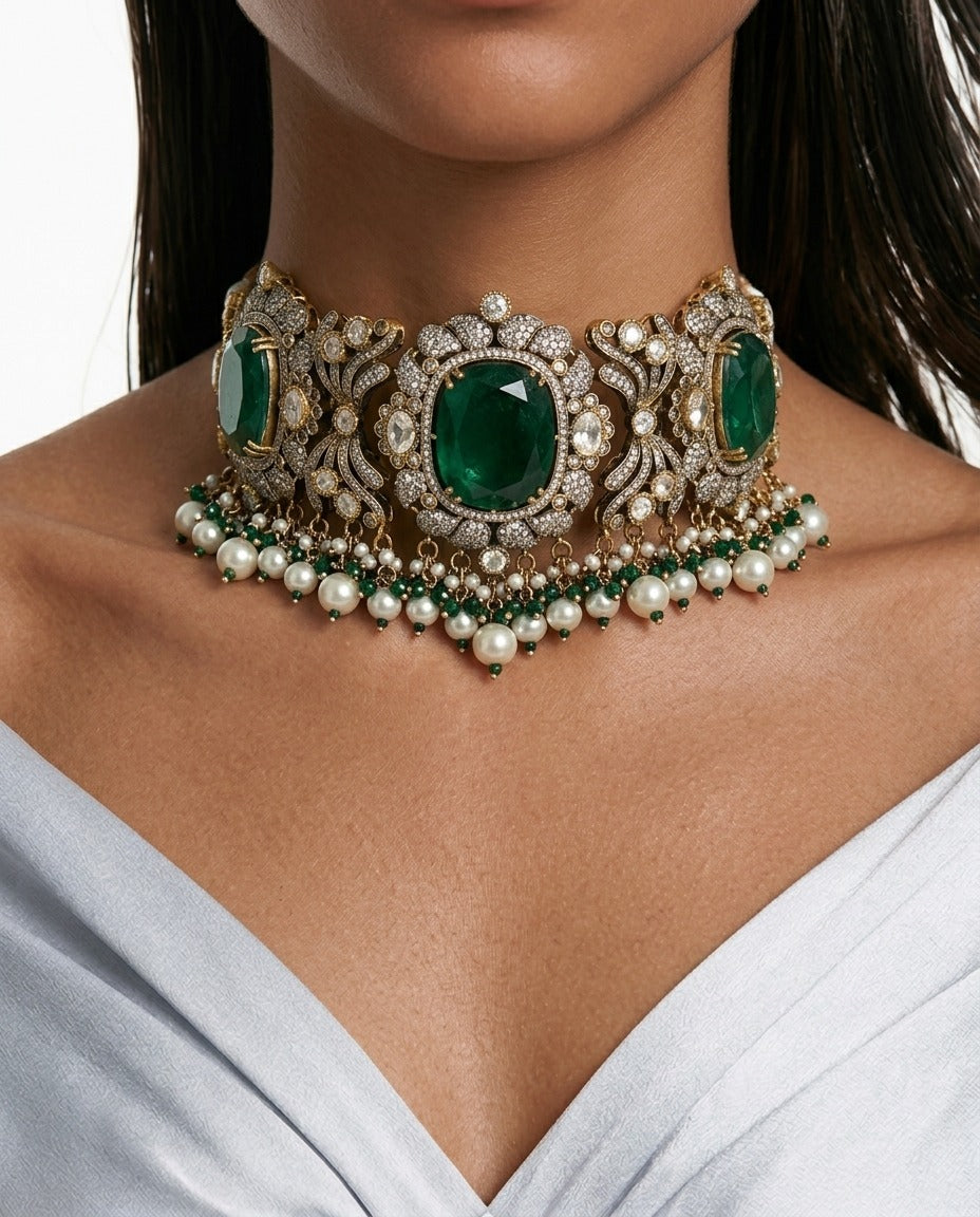 Jawaria Emerald, Pearls & Moissanite Polki Kundan with Zircon Diamond Detailing Statement Luxe Necklace Set (Necklace & Earrings)