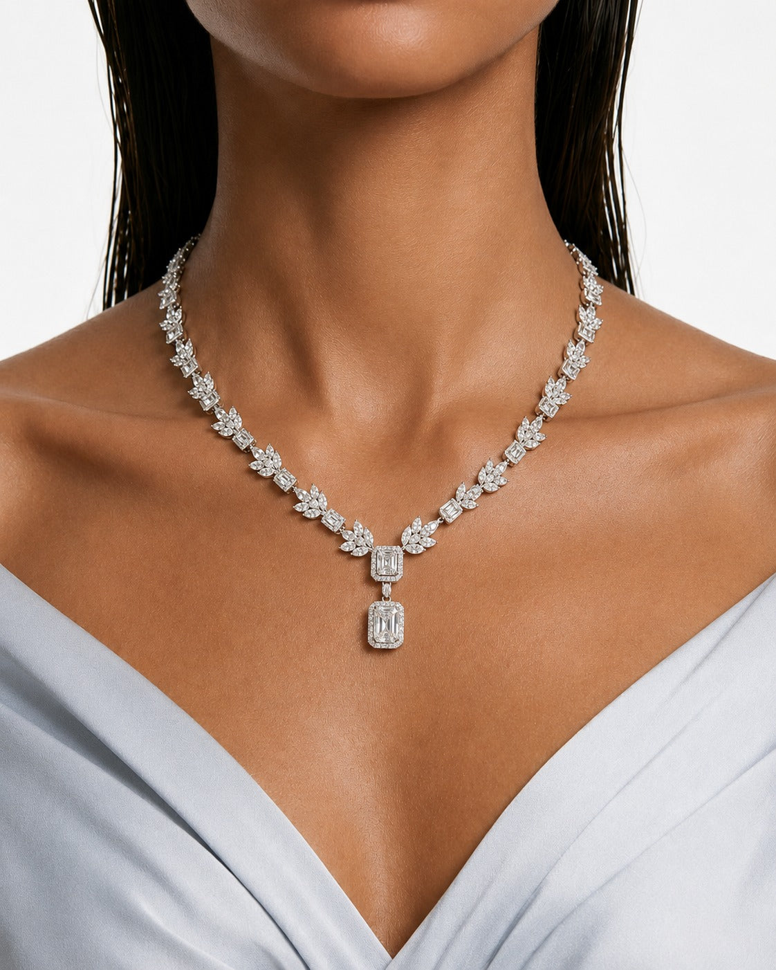 The Whisper Square Drop Diamond-Like Zircon Compressed Setting Statement Necklace Set (Necklace & Earrings)
