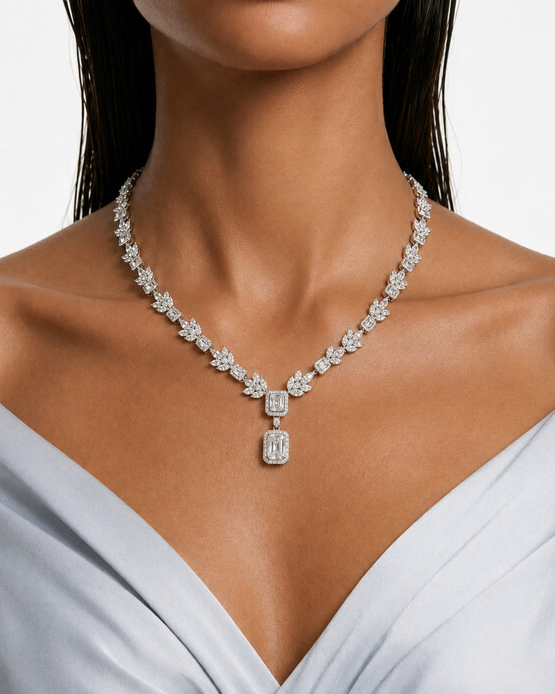 The Whisper Square Drop Diamond-Like Zircon Compressed Setting Statement Necklace Set (Necklace & Earrings)