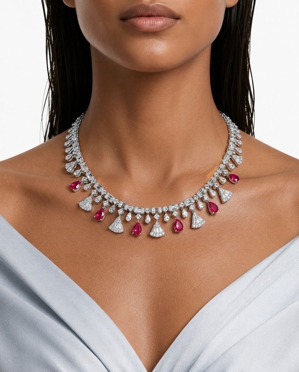 Vivienne Fan Ruby Drop & Diamond-Like Zircon Statement Necklace Set (Necklace & Earrings)