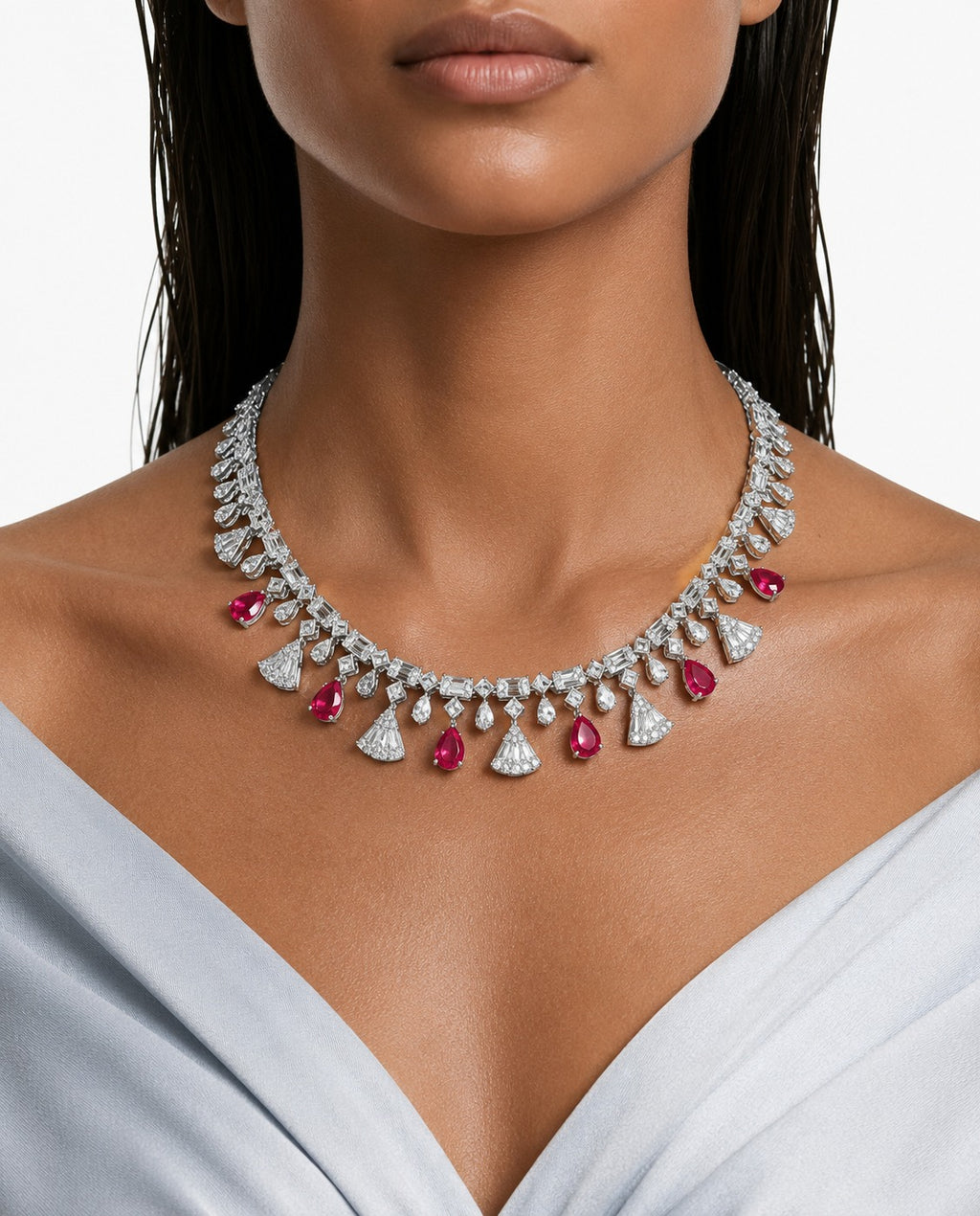 Vivienne Fan Ruby Drop & Diamond-Like Zircon Statement Necklace Set (Necklace & Earrings)