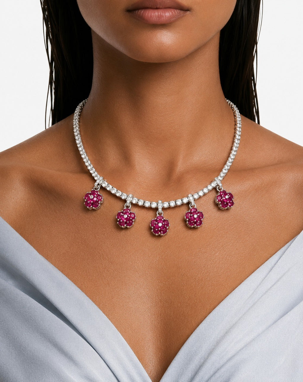 Colette Ruby Bloom & Diamond-Like Zircon Statement Pendant Necklace Set (Necklace & Earrings)