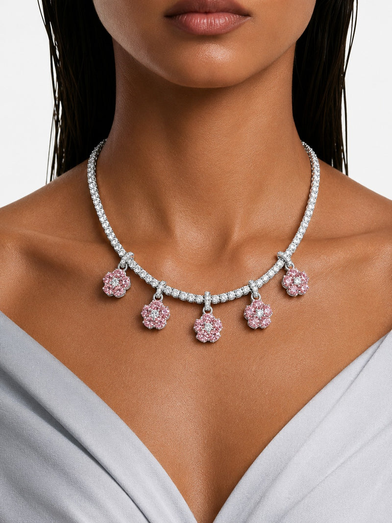 Colette Pink Bloom & Diamond-Like Zircon Statement Pendant Necklace Set (Necklace & Earrings)