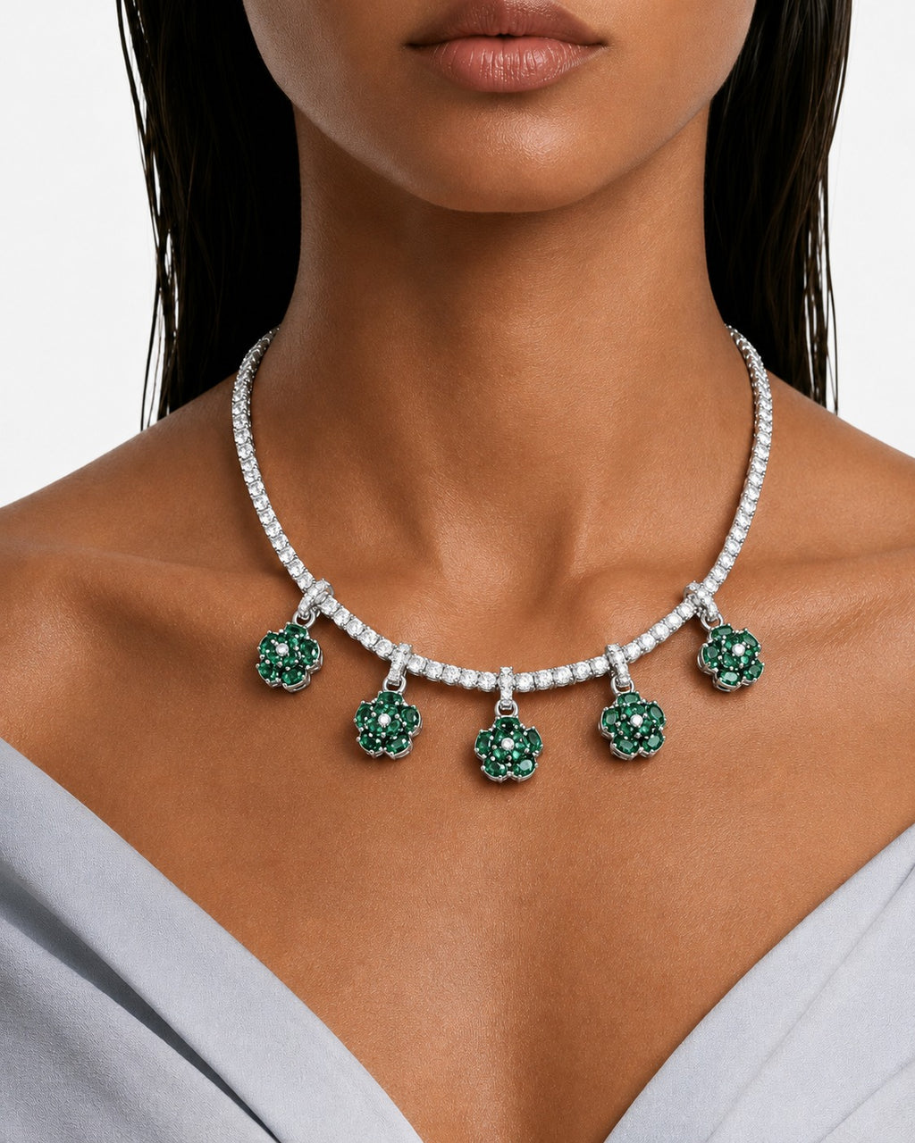 Colette Emerald Bloom & Diamond-Like Zircon Statement Pendant Necklace Set (Necklace & Earrings)