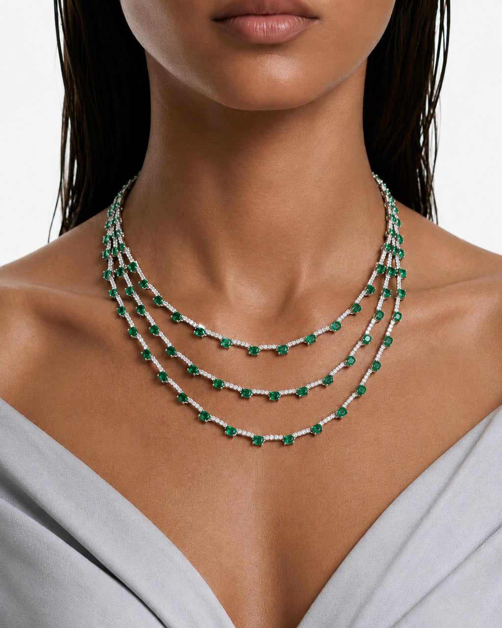 Lunette Emerald & Diamond-Like Zircon Detailing Multi Layered Necklace Set (Necklace & Earrings)