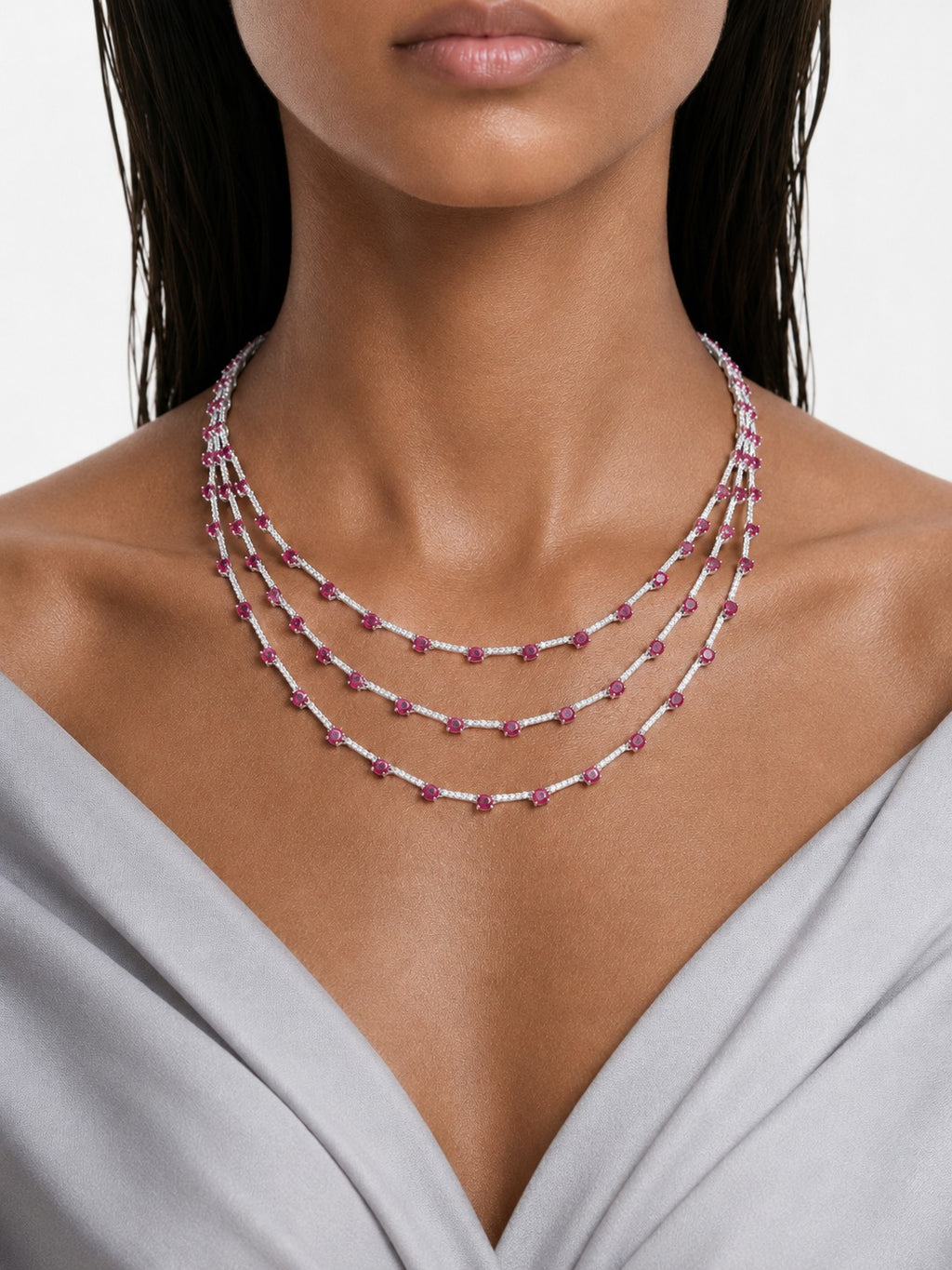 Lunette Ruby & Diamond-Like Zircon Detailing Multi Layered Necklace Set (Necklace & Earrings)