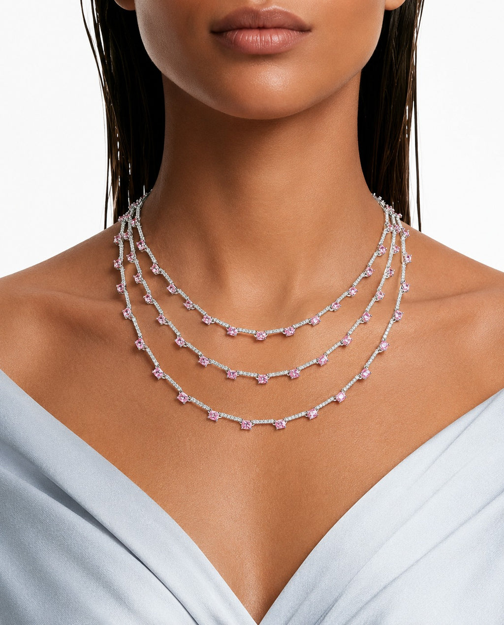 Lunette Pink & Diamond-Like Zircon Detailing Multi Layered Necklace Set (Necklace & Earrings)