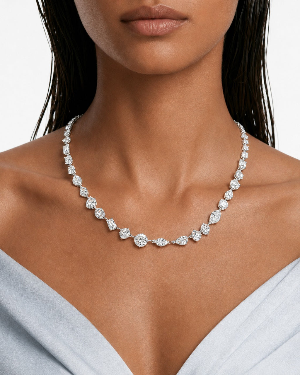 The Keepsake Diamond-Like Zircon Compressed Setting Statement Necklace Set (Necklace & Earrings)