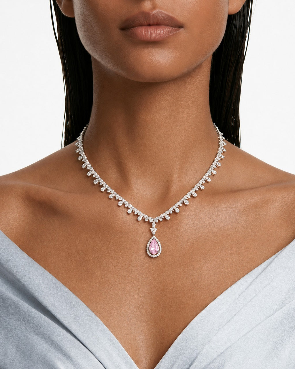 Alya Pink Teardrop Diamond-Like Zircon Statement Necklace Set (Necklace & Earrings)
