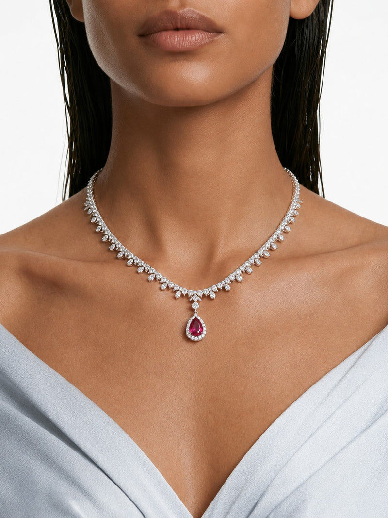 Alya Ruby Teardrop Diamond-Like Zircon Statement Necklace Set (Necklace & Earrings)