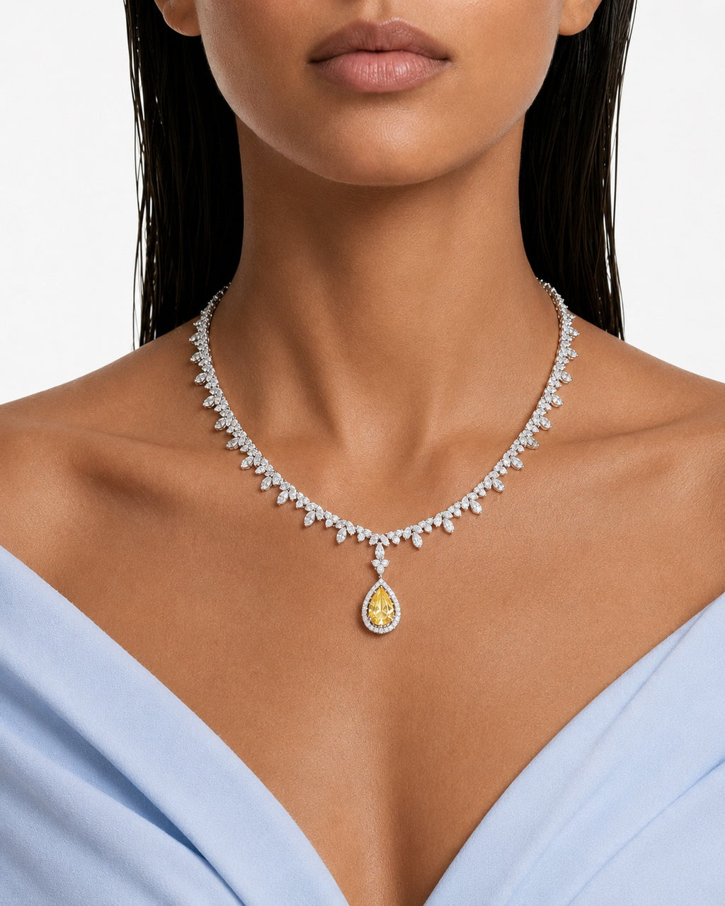 Alya Citrine Teardrop Diamond-Like Zircon Statement Necklace Set (Necklace & Earrings)