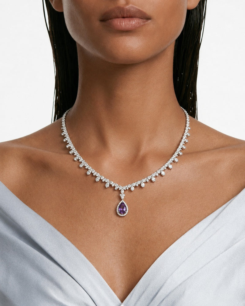 Alya Purple Teardrop Diamond-Like Zircon Statement Necklace Set (Necklace & Earrings)