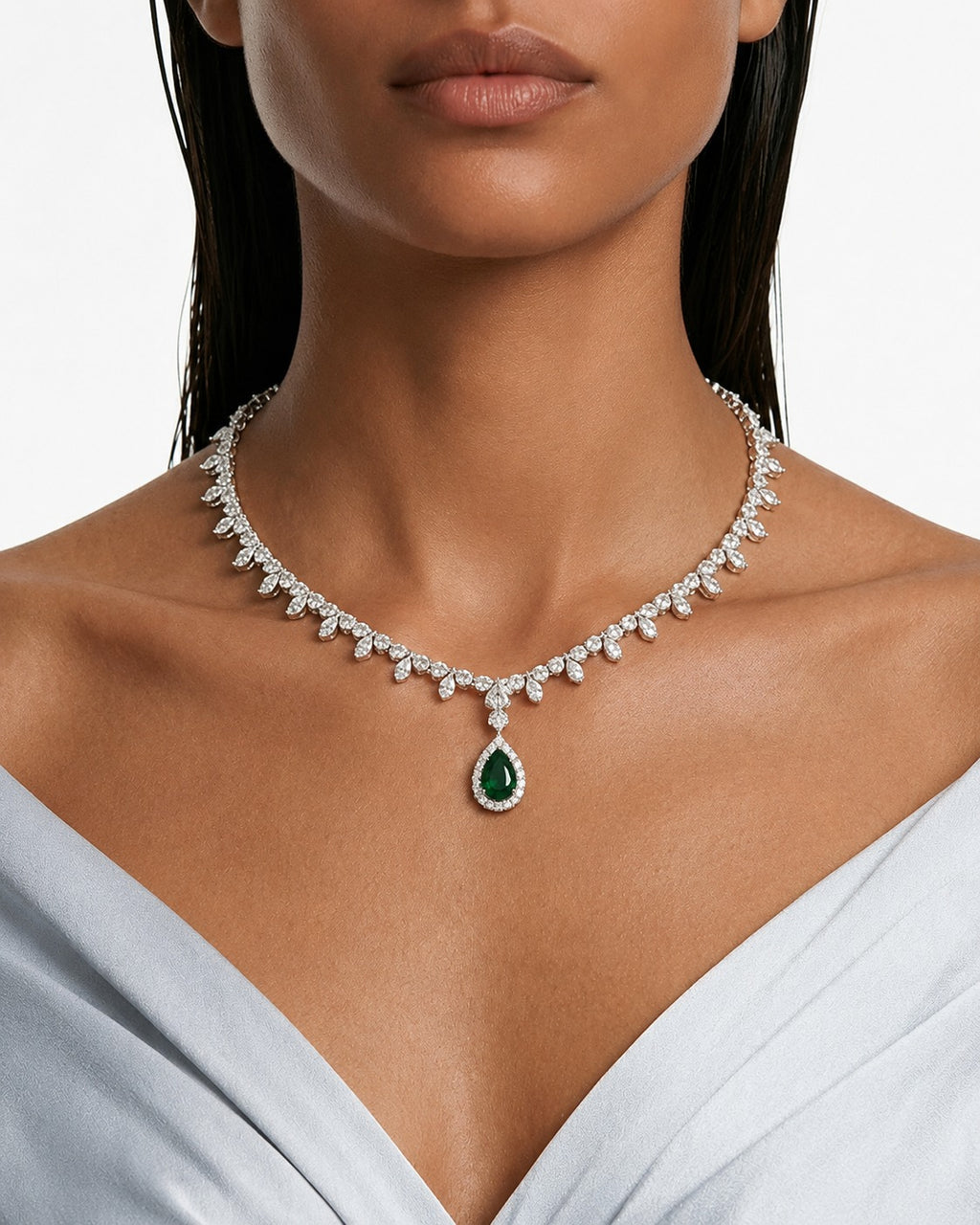 Alya Emerald Teardrop Diamond-Like Zircon Statement Necklace Set (Necklace & Earrings)