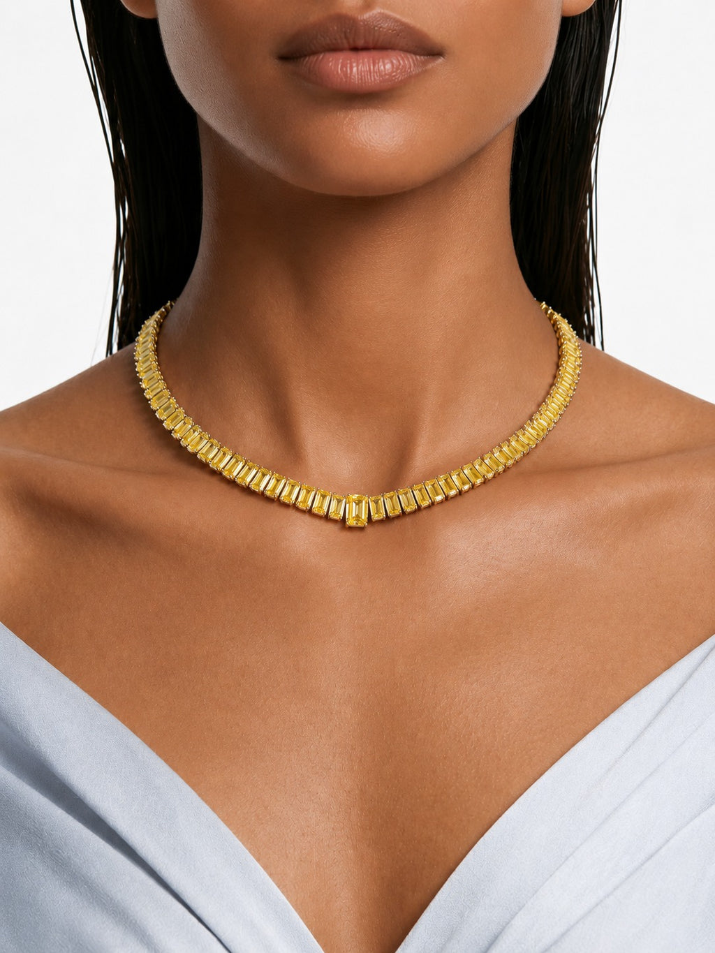 Zayna Baguette Citrine & Zircon Diamond Single Line Tennis Necklace Set (Necklace & Earrings)