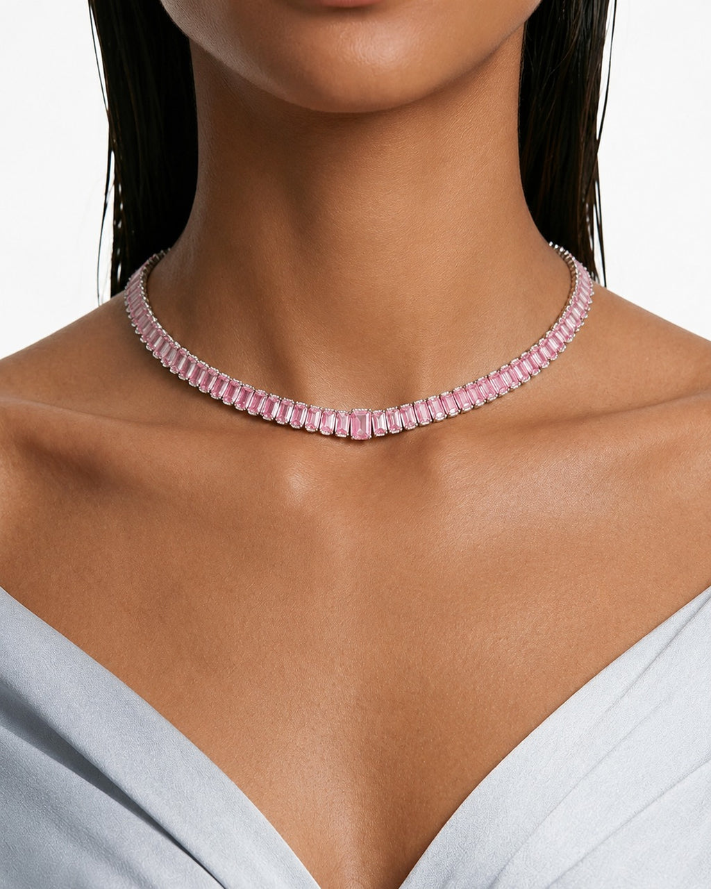 Zayna Baguette Pink & Zircon Diamond Single Line Tennis Necklace Set (Necklace & Earrings)