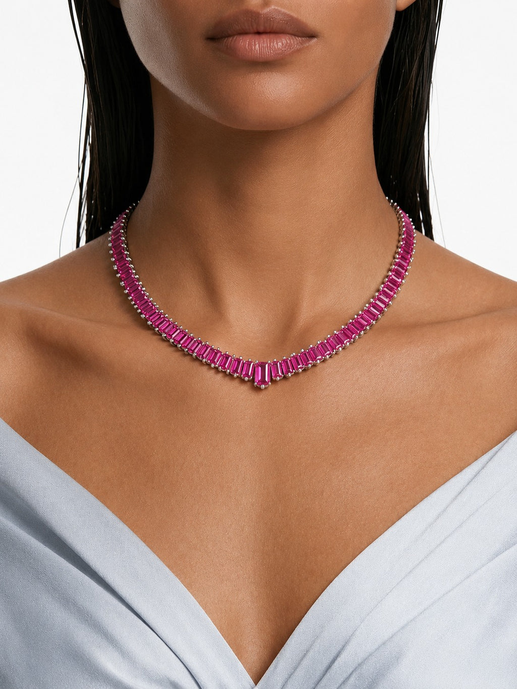 Zayna Baguette Ruby & Zircon Diamond Single Line Tennis Necklace Set (Necklace & Earrings)