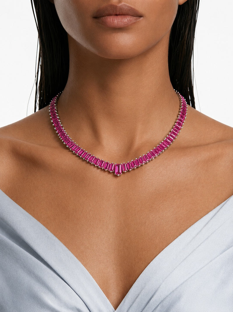 Zayna Baguette Ruby & Zircon Diamond Single Line Tennis Necklace Set (Necklace & Earrings)