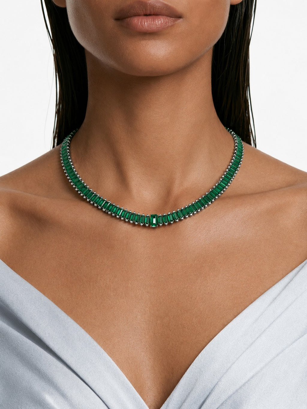 Zayna Baguette Emerald & Zircon Diamond Single Line Tennis Necklace Set (Necklace & Earrings)