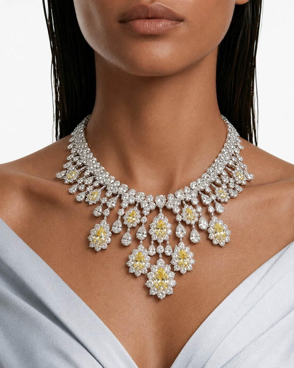 Hijl Citrine & Diamond Like Drops Necklace Set (Necklace & Earrings)