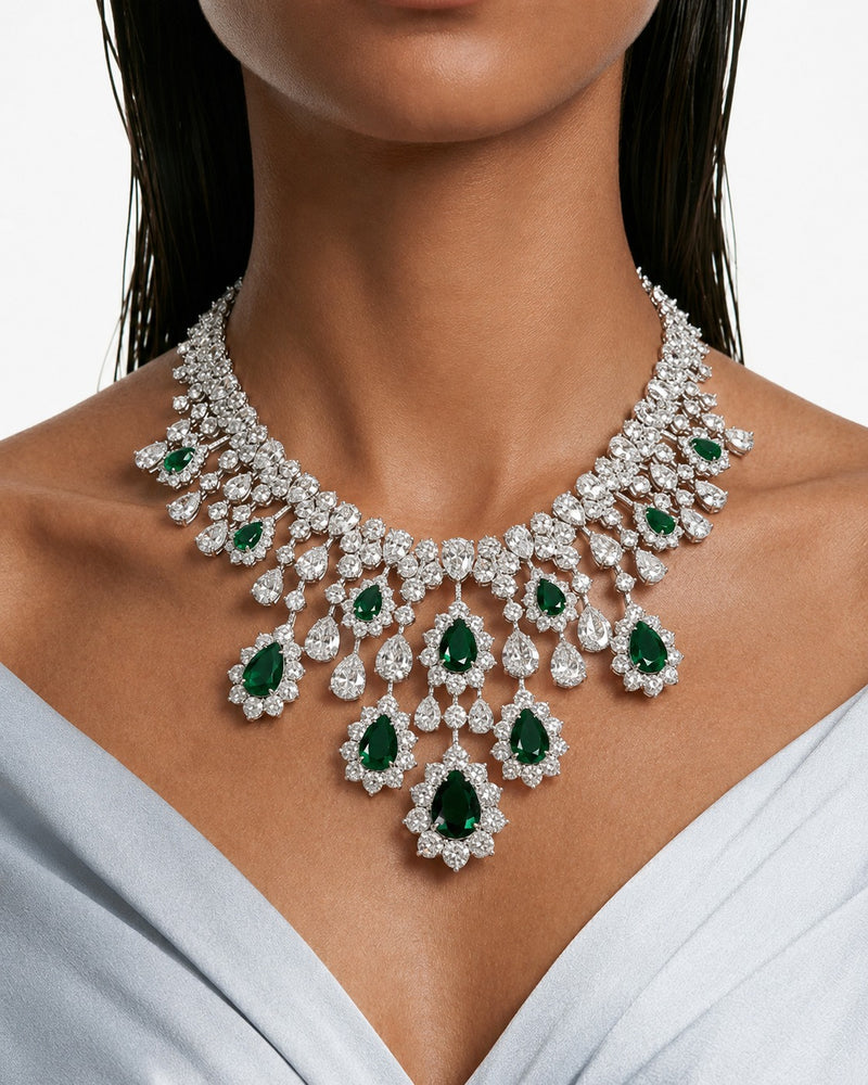 Hijl Emerald & Diamond Like Drops Necklace Set (Necklace & Earrings)