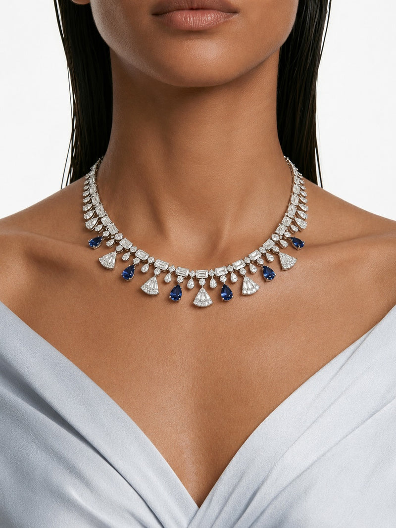 Vivienne Fan Sapphire Drop & Diamond-Like Zircon Statement Necklace Set (Necklace & Earrings)