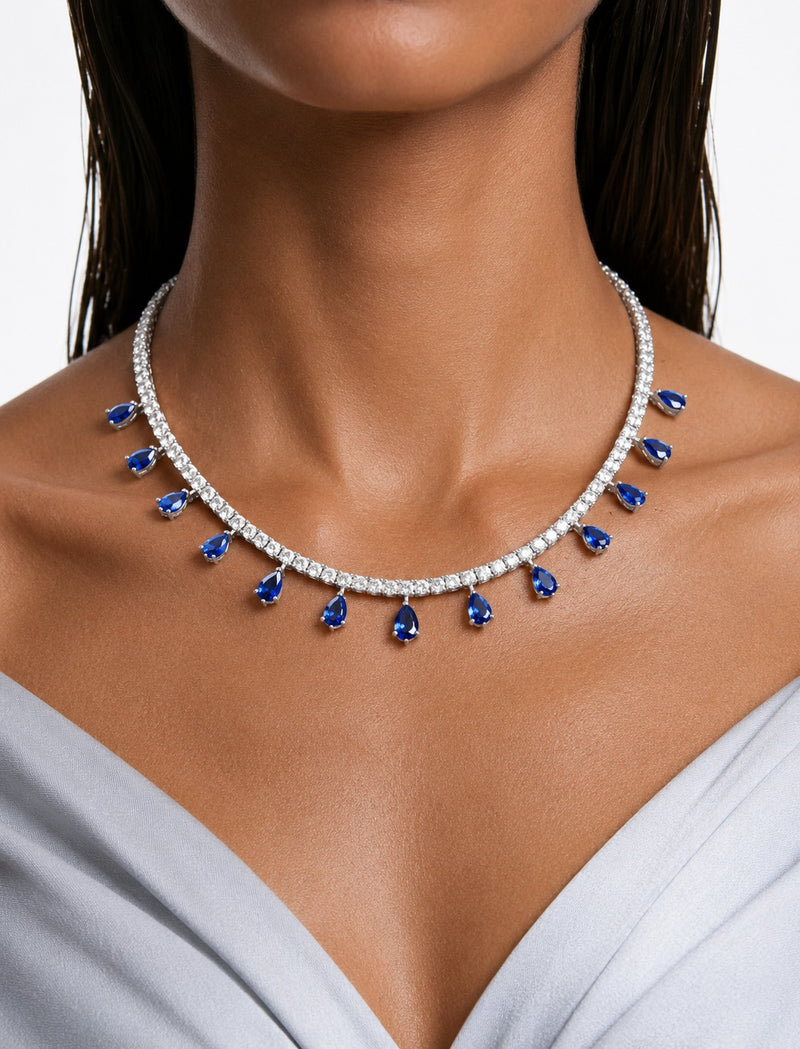 Inaya Sapphire Drop & Zircon Diamond Necklace Set (Necklace & Earrings)