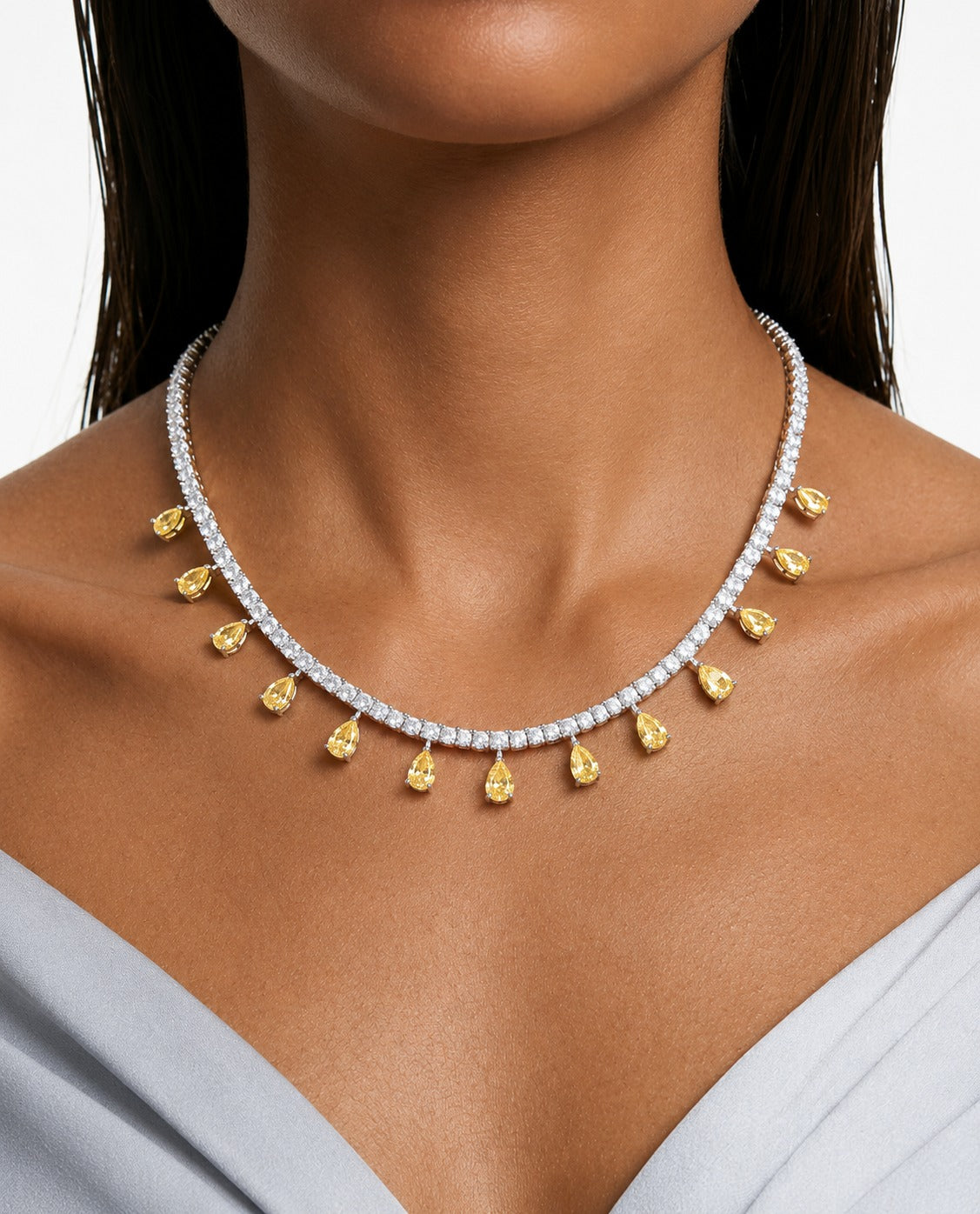 Inaya Citrine Drop & Zircon Diamond Necklace Set (Necklace & Earrings)