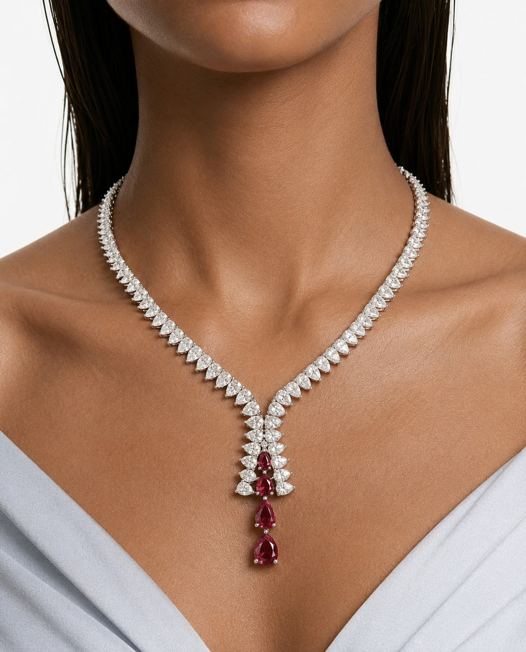 Azure Ruby Droplets Diamond-Like Zircon Statement Pendant Necklace Set (Necklace & Earrings)