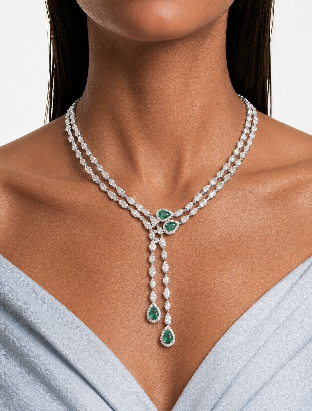 Roselle Drop Necklace Emerald and Diamond-Like Zircon Statement Necklace Set (Necklace & Earrings)