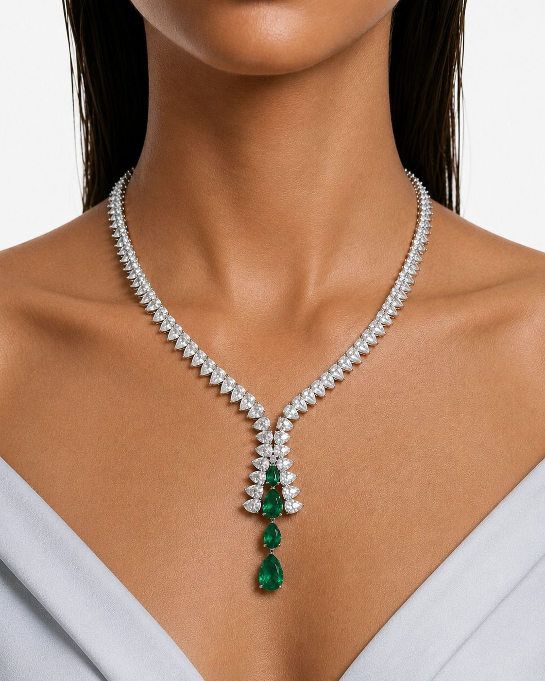 Azure Emerald Droplets Diamond-Like Zircon Statement Pendant Necklace Set (Necklace & Earrings)