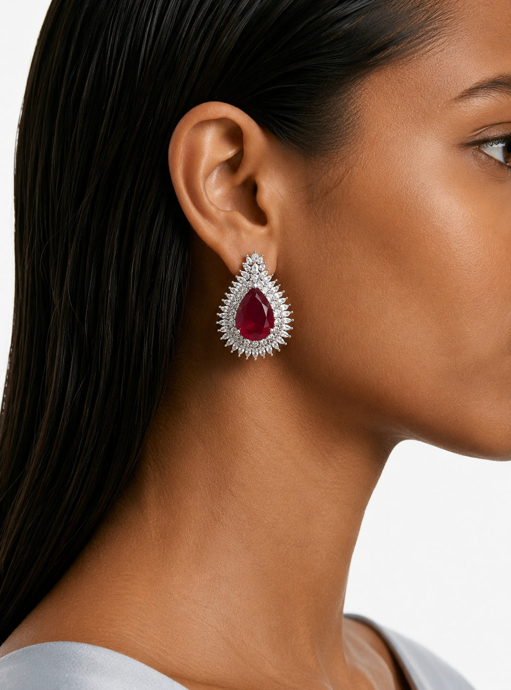 Veloura Ruby & Diamond Like Zircon Double-Layer Necklace Set (Necklace & Earrings)