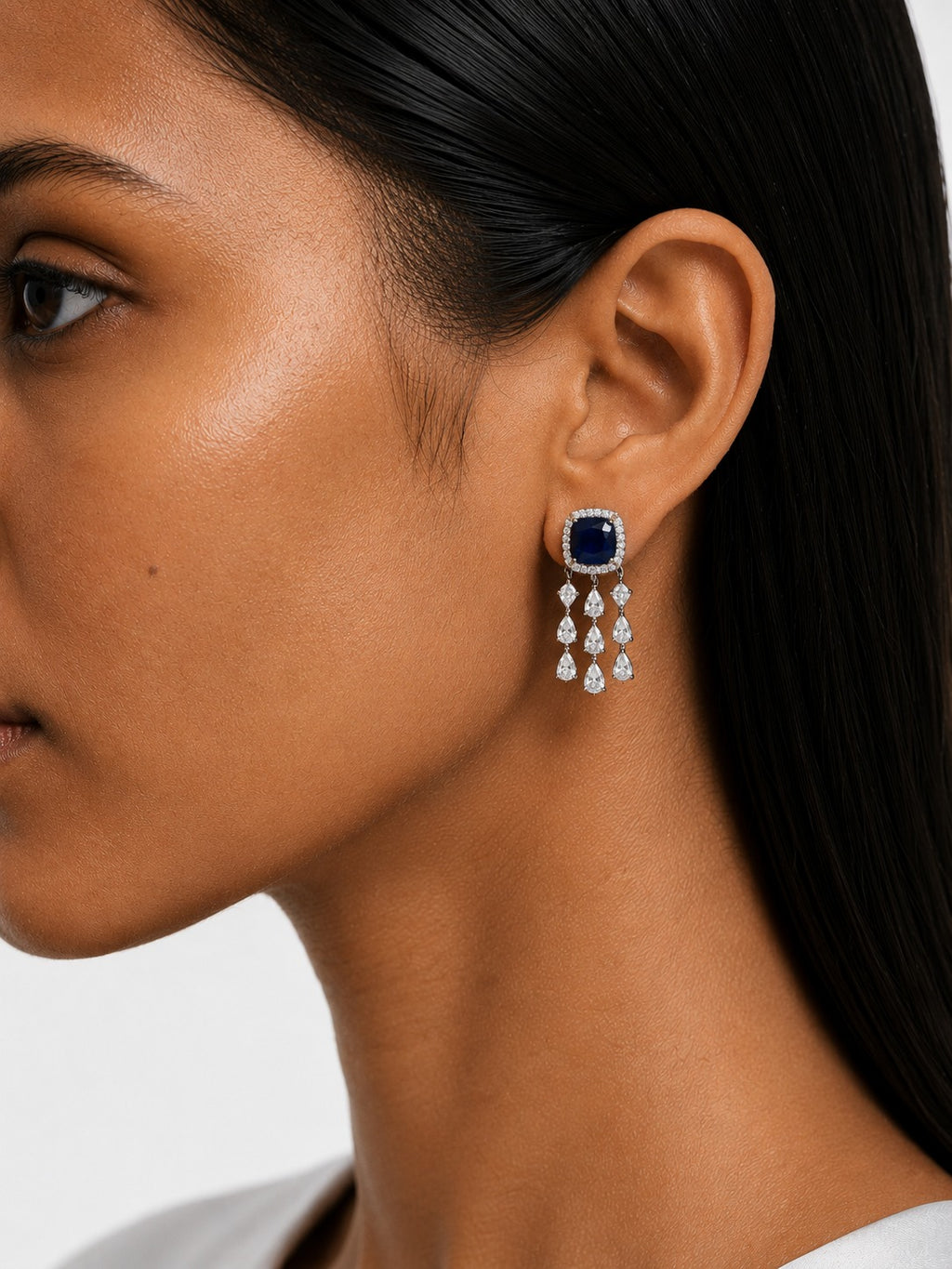Regalia Sapphire Square Diamond-Like Zircon Statement Pendant Necklace Set (Necklace & Earrings)