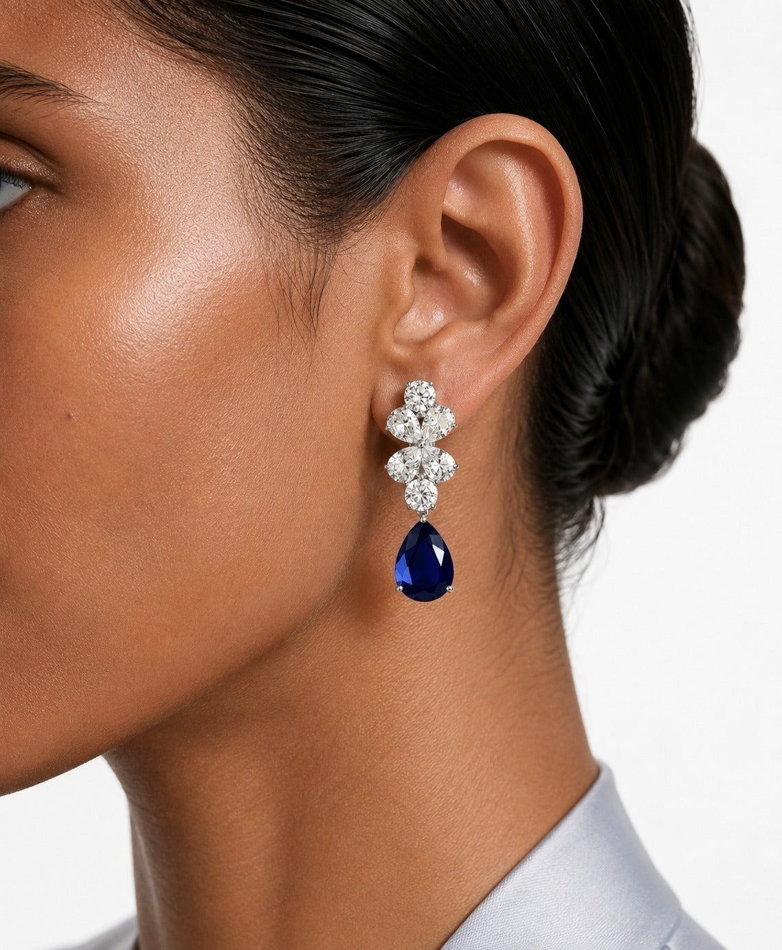 Amora Sapphire Drops Statement & Diamond Like Zircon Necklace Set (Necklace & Earrings)