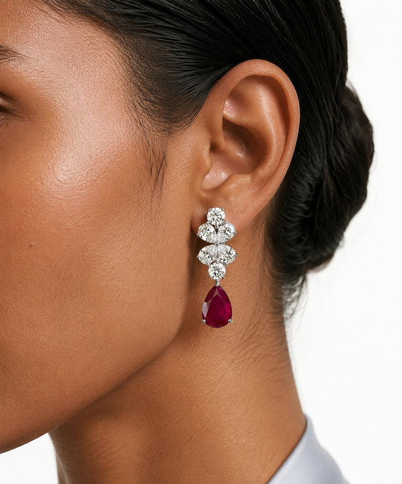Amora Ruby Drops Statement & Diamond Like Zircon Necklace Set (Necklace & Earrings)