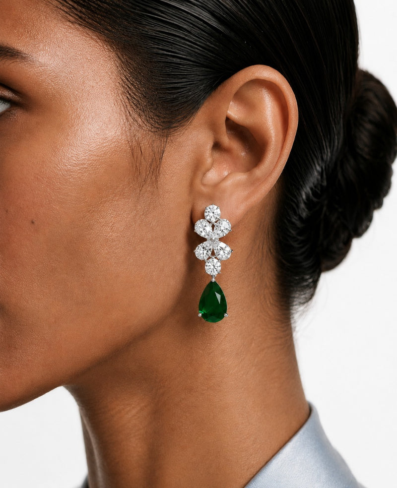 Amora Emerald Drops Statement & Diamond Like Zircon Necklace Set (Necklace & Earrings)