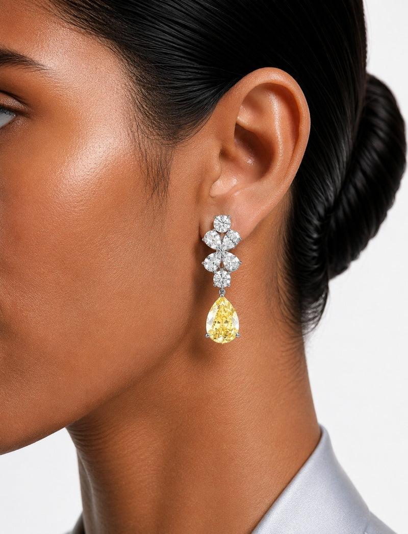 Amora Citrine Drops Statement & Diamond Like Zircon Necklace Set (Necklace & Earrings)