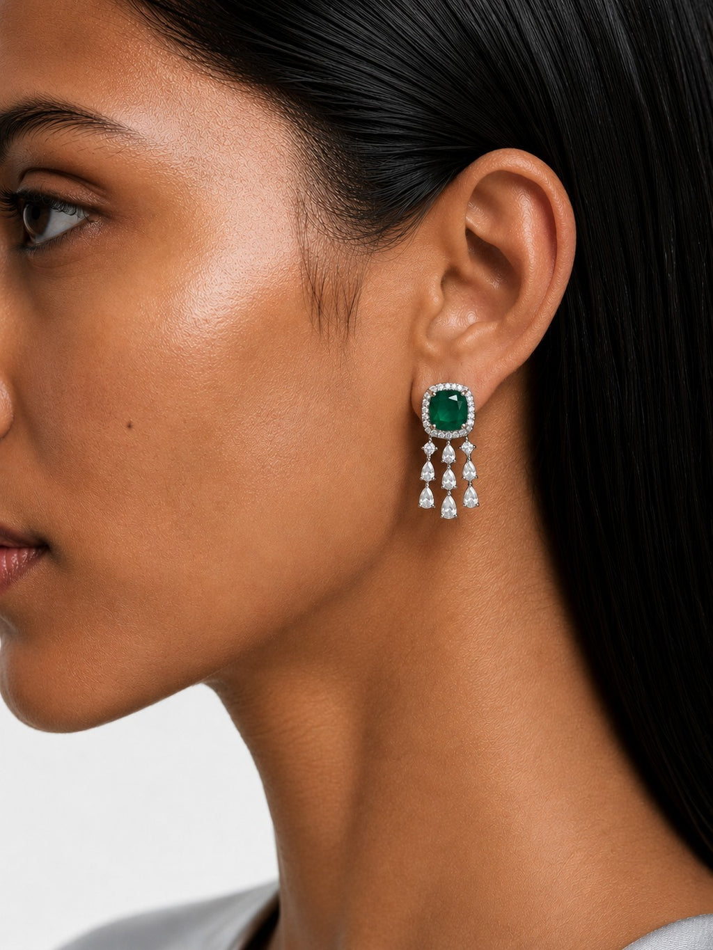 Regalia Emerald Square Diamond-Like Zircon Statement Pendant Necklace Set (Necklace & Earrings)